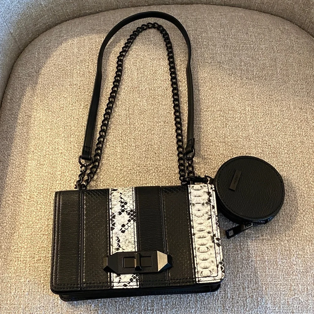Aldo Black White Snake Print Crossbody Bag Chain Strap + Coin Pouch - Picture 2 of 8